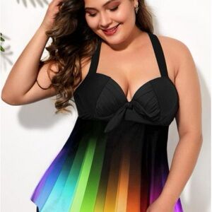 Black and Rainbow Halter Swim Dress and Shorts